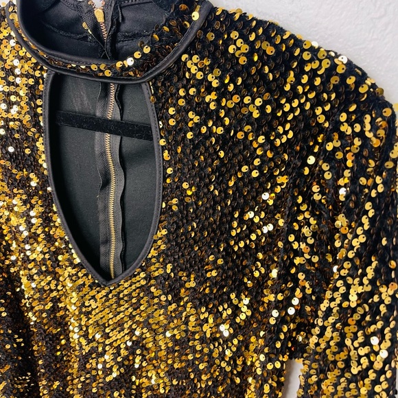 NWOT Gold Sequins Long Sleeve Chocker Body Con Evening Mini Dress - Picture 3 of 9